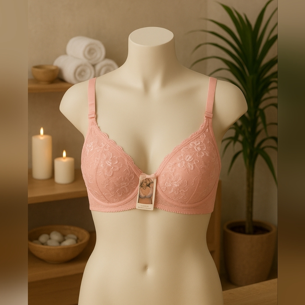 Sexy Elegant Pink Lace Half Padded Push Up Underwire Bra Size 36DD